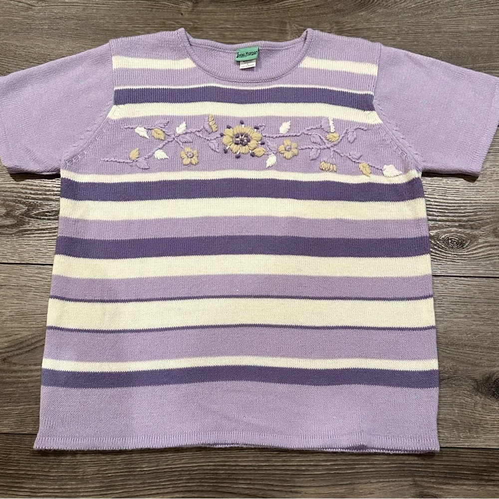 Women's Sara Morgan For Haband Size L Short Sleeve Purple Embroidered Sweater